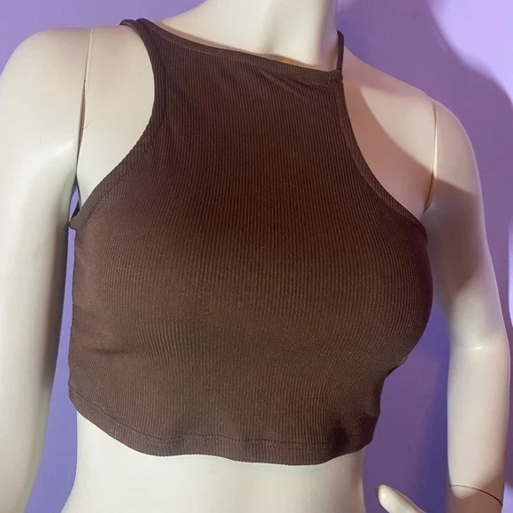Brown Ribbed Crop Top - Picture 2 of 4